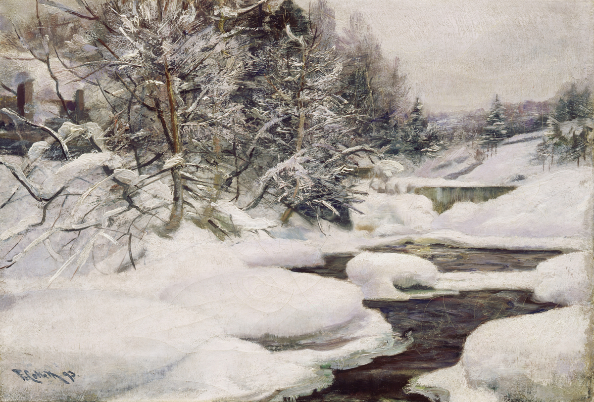 Oilpainting of winter landscape with river.