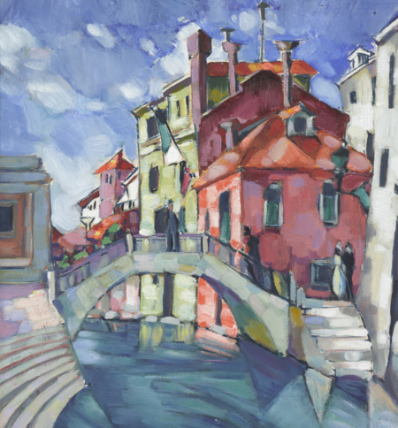 Oil painting of houses and bridge over a canal.